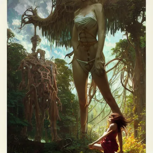 Image similar to an unimaginable artificial horror menacingly looms over a crouched, scared girl by stanley artgerm lau, greg rutkowski, thomas kindkade, alphonse mucha, loish, norman rockwell.