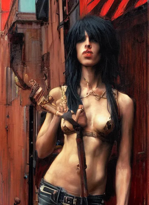 Prompt: androgynous glam rocker outside cbgb in the style of phil hale, sfumato Orientalist portrait by john william waterhouse, moebius oil on canvas. Cinematic, hyper realism, realistic proportions, dramatic lighting, high detail 4k