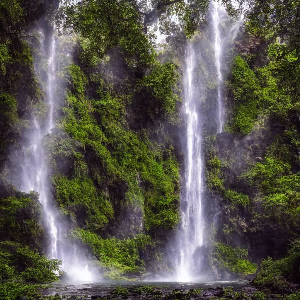 Image similar to huge towering magical waterfall, extreme drama, distant glowing figures, hdr, movie still, fully photorealistic, sharp luminescent focus, nd 6, sony fx 6, glowing luminescent invocations