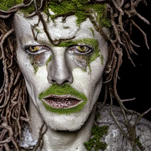 Image similar to Award-winning photograph by Mar Mann. The photo depicts a decaying roman bust of David Bowie overgrown with moss at the bottom of the sea in the middle of ruins of civilization. Minimalism, high definition, perfect composition. Deep sea picture. Very dark. Volumetric Lighting. Fish. Darkness. Ruins