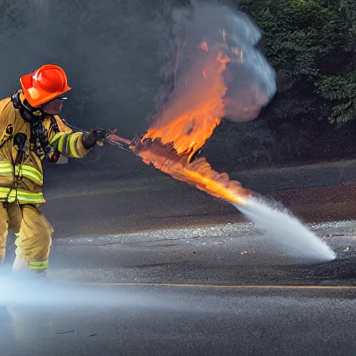 Image similar to photo of a firefighter using a flamethrower projecting a long flame. award-winning, highly-detailed