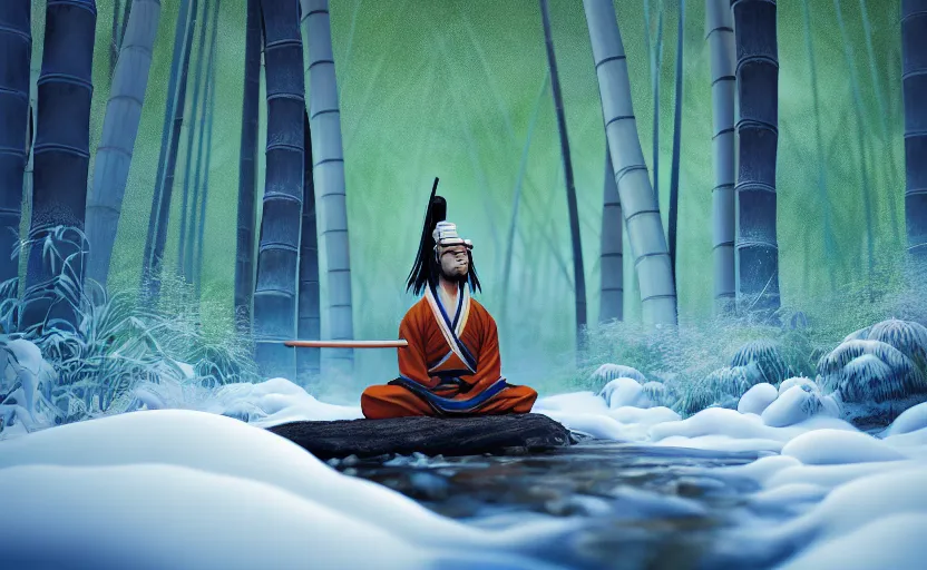 Prompt: a samurai meditating in a snowy bamboo forest, small flowing stream, cinematic action angle, 8k Octane render, ArtStation illustration