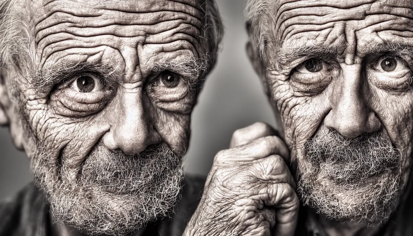 Image similar to hyper realistic color photo, portrait of a single weathered old man, aesthetic, cables, vapour emerge from their eyes, dramatic lighting and shadow!!, full colour, upscale, 8 k, masterpiece