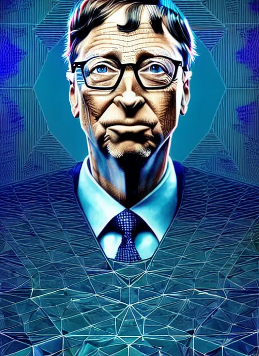 Prompt: highly detailed vfx portrait of bill gates, geometric polygons, global illumination, detailed and intricate environment by james jean, liam brazier, victo ngai and tristan eaton