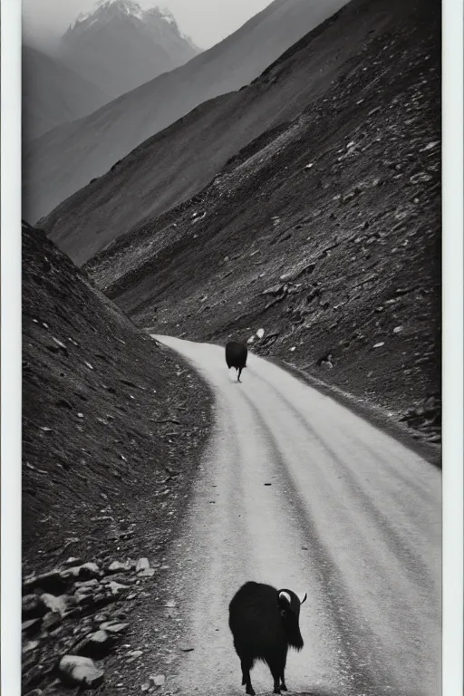 Image similar to photo polaroid of a sad and lonely child in the middle of a mountain road , Nepal,Himalayas, loneliness,,tahr , black and white ,photorealistic, 35mm film,