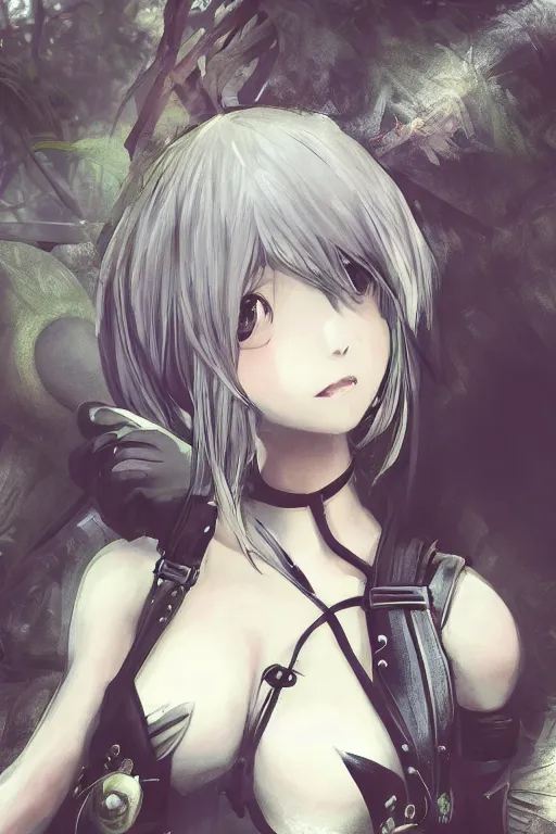 Image similar to beautiful portrait of 2B from nier automata, forest, junkyard, pretty, semi realistic anime, hyper detailed, 8k, DeviantArt, Instagram, Behance, Artstation, trending on artstation, Pixiv, Pixiv daily ranking, art of silverfox, Yee Chong Silverfox, Sydney Hanson, Mickael Lelièvre, Jaeyeon Nam, derevschikova, Elina Karimova