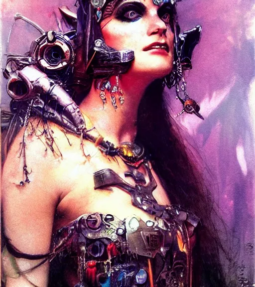 Prompt: princess of the wasteland, scrap metal headdress, strong line, vivid neon color, high contrast, beautiful! coherent! by brian froud, by frank frazetta, low angle