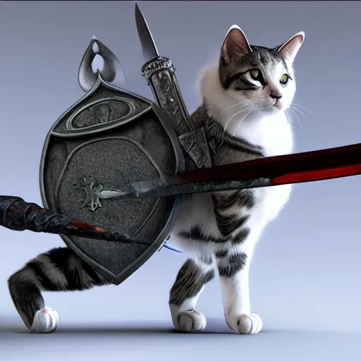 Prompt: a cat with a sword and shield, octane render, unreal engine, fantasy art