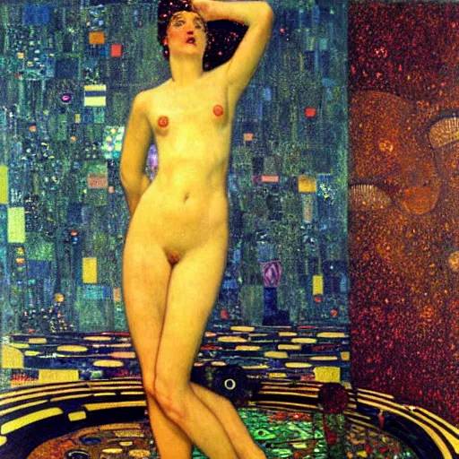 Image similar to portrait of a surreal goddess floating in front of a futuristic ancient Atlantis, painting by Gustav Klimt and Gil Elvgren