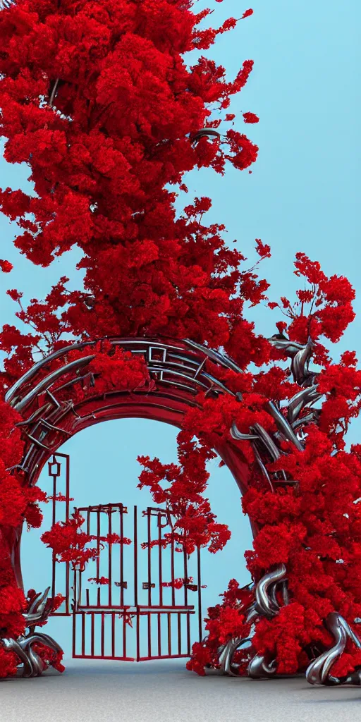 Prompt: 3 d photographic render of an ancient gate sculpture with red sakura flowers made of chrome, chrometype, made of liquid metal, neotribal with metallic thorns and thunders, raytracing, hyper realistic, volumetric lightning, 8 k, by zhelong xu and ouchh studio