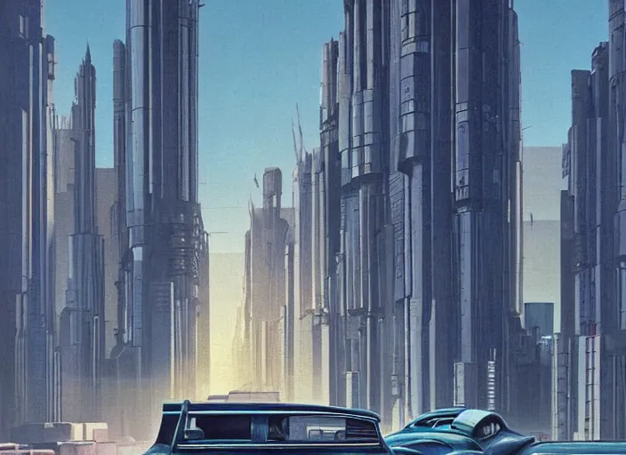 Image similar to a car driving down a street next to tall buildings the night at 9:00 am, cyberpunk art by Chesley Bonestell, cgsociety, retrofuturism, matte painting, reimagined by industrial light and magic