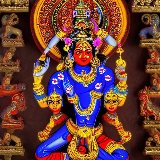 Prompt: Lord of the Dance (Nataraja), Hindu art, Hinduism. Deities surrounding Nataraja in a Hindu Temple, rich colors, 8K Ultra HD