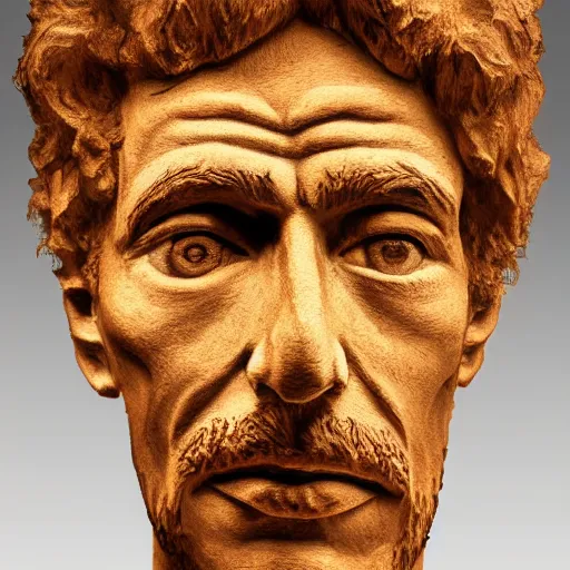 Image similar to accurate sculpture portrait of a bob dylan, symmetrical face, carved out of red oak wood on a pedestal art by vincent van gogh, dramatic lighting, artsy, 8 k