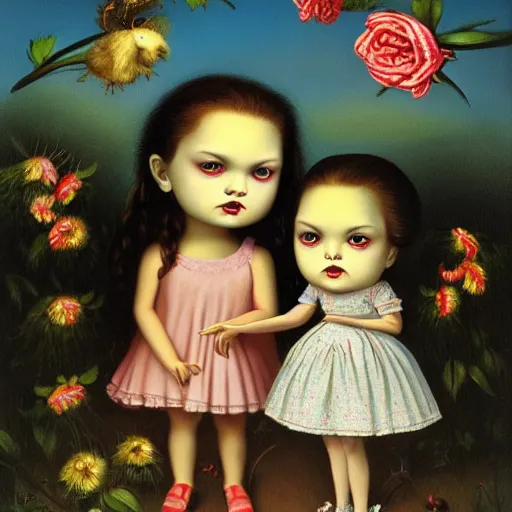 Prompt: children playing scene, lowbrow painting by mark ryden