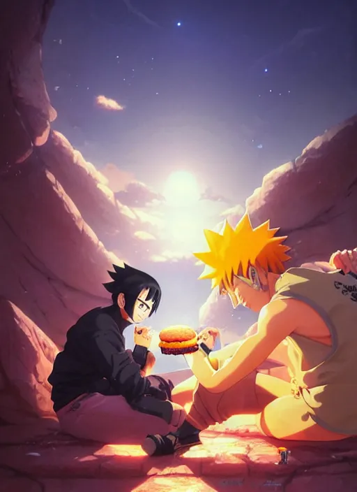 Image similar to highly detailed hamburger consuming naruto uzumaki with black hair, art by greg rutkowski, loish, rhads, ferdinand knab, makoto shinkai and lois van baarle, ilya kuvshinov, rossdraws, tom bagshaw, global illumination, radiant light, detailed and intricate environment