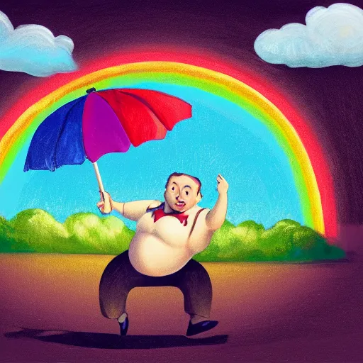 Image similar to complex illustration of a excessively rotund man juggling twinkies, cycling upon a tight rope in the rain, holding a rainbow umbrella, oil painting, knife palette, with a jolly expression, misty, cobblestone background