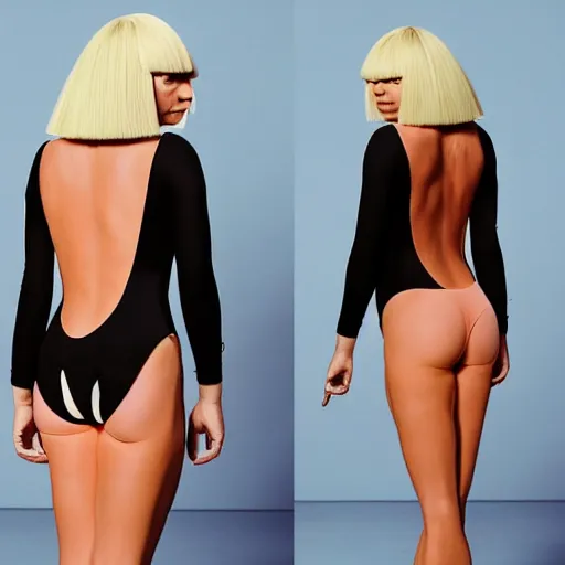 Prompt: sia furler standings with her back to the camera wearing a skin colored peach thong one piece leotard full body artistic photoshoot pose from behind