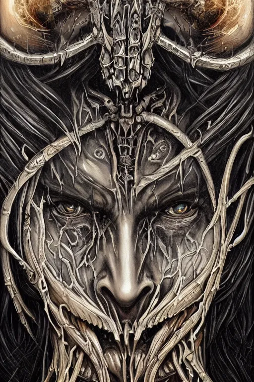 Prompt: Elden Ring and Doom themed painting of majestic chromatic biomechanical anatomical hybrid beautiful ethereal angel symmetrical neutral black metal corpsepaint mask closeup face tattoo pattern golden ratio concept, Neo-Gothic concept, infinity glyph waves, intricate artwork masterpiece, very coherent artwork, cinematic, full frontal facial features by Artgerm, art by H.R. Giger, Joseph Michael Linsner, Zdizslaw Beksinski, Johnatan Wayshak, Moebius, Ayami Kojima, very anatomically coherent artwork, trending on cgsociety, ultra high quality model, production quality cinema model, high detail chromatic ink outline, octane render, unreal engine 8k, hyper realism, high detail, octane render, unreal engine, 8k, High contrast