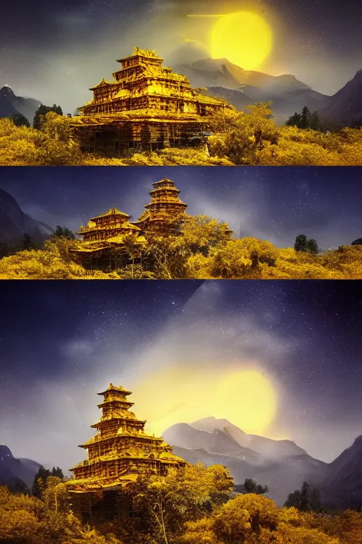 Prompt: yellow glowing ancient temple between mountains, star trails above, dramatic lighting, artstation, matte painting, filip hodas