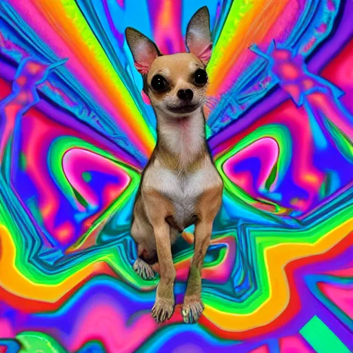 Image similar to chihuahua with rainbow fur, psychedelic fur, in an abstract mc escher environment, happy chihuahua, 4 k, 8 k, ultra detailed, digital illustration