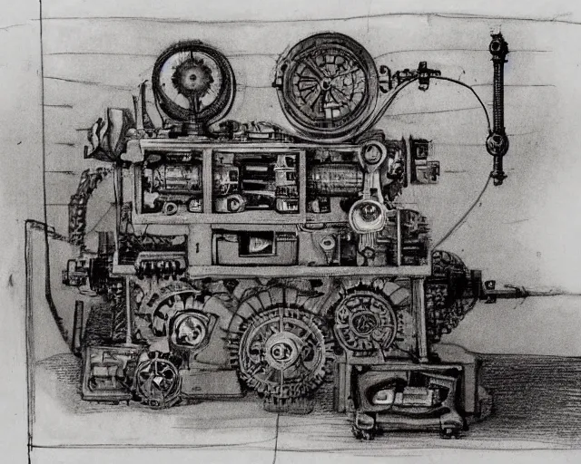 Prompt: steampunk mechanical electrical television set sketch by leonardo da vinci