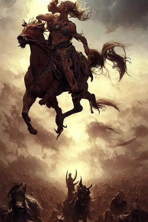 Prompt: realistic photo of the apocalypse, horsemen of the apocalypse sow chaos, deep focus, intricate, elegant, highly detailed, digital painting, art station, concept art, matte, sharp focus, illustration, art by artgerm and greg rutkowski and alphonse mucha