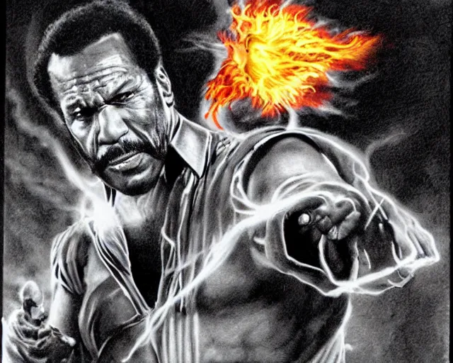 Image similar to fred williamson as a fire mage casting a fireball spell, fantasy artwork, extremely detailed, high quality, award - winning,