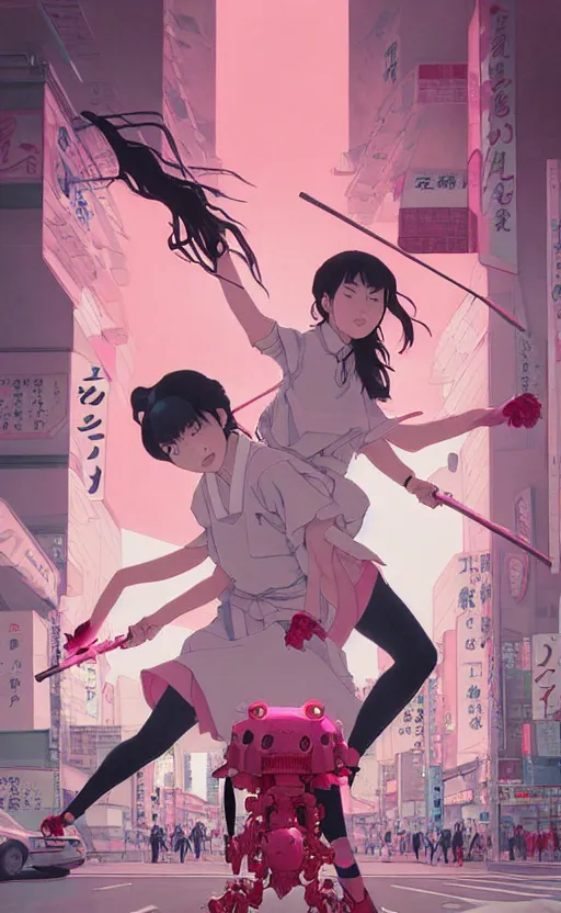 Image similar to Artwork by James Jean, Phil noto and hiyao Miyazaki ; a young Japanese future samurai police girl named Yoshimi battles an enormous looming evil natured carnivorous pink robot on the streets of Tokyo; Japanese shops and neon signage; crowds of people running; Art work by hiyao Miyazaki, Phil noto and James Jean