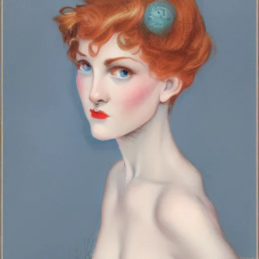 Image similar to a portrait in the style of charles dana gibson and in the style of peter mohrbacher. porcelain skin, big blue eyes.