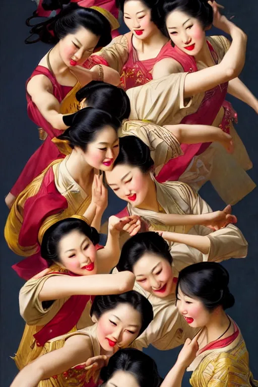 Image similar to top angle shot of group of asian females dancing, masterpiece painted by jc leyendecker, 8 k, high detail, fantasy art, dnd, artstation,