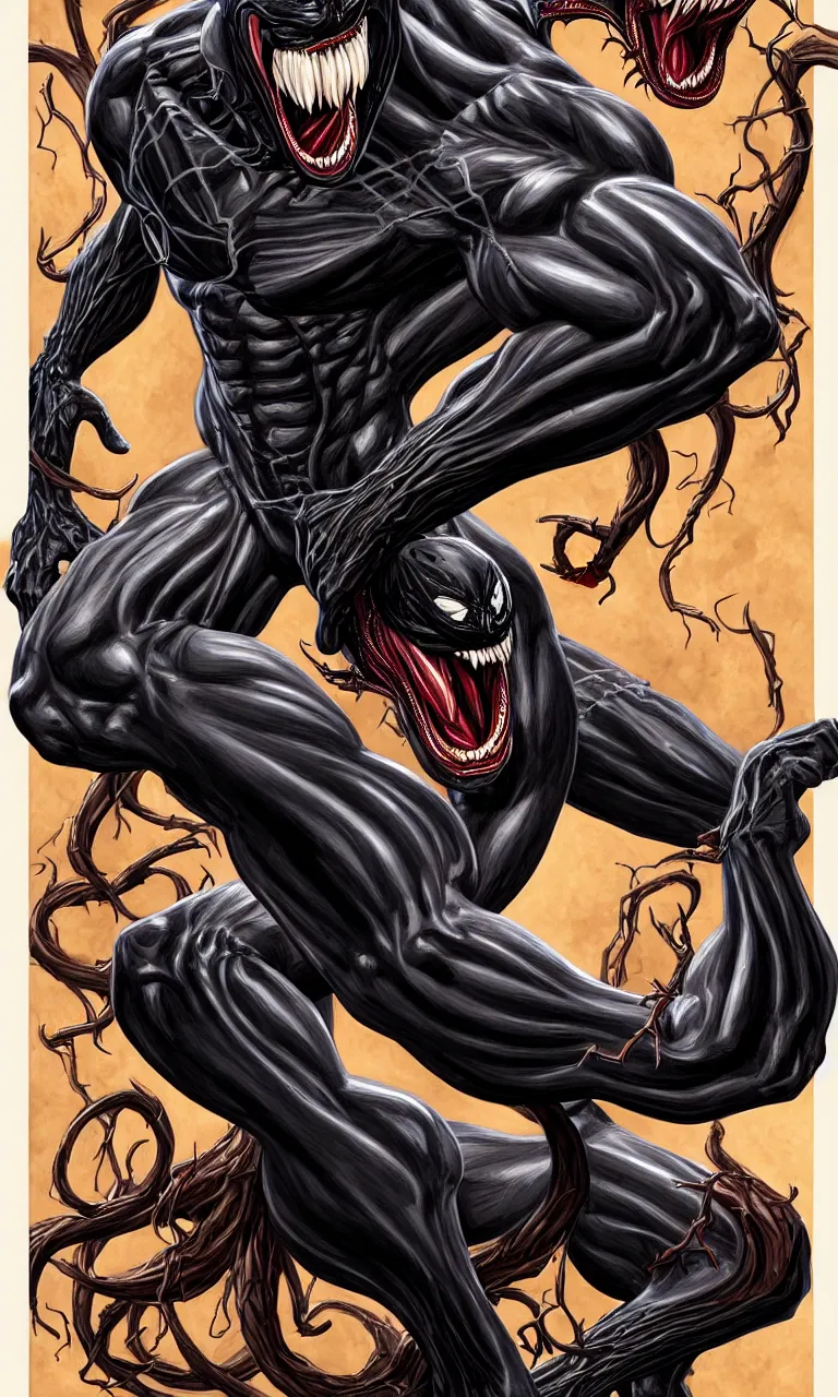 Image similar to anatomically acurate full body long shot venom from marvel comics!!!!, large mouth with teeth, fantasy, intricate, elegant, highly detailed, digital painting, artstation, concept art, matte, sharp focus, illustration, art by glenn fabry