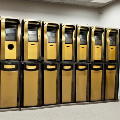 Prompt: computer server bank, gold, art deco, rust, worn, room full of computers