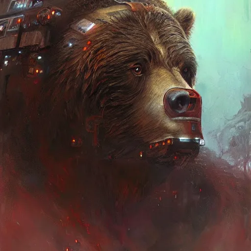 Image similar to stunning portrait of a brown bear, painting by Raymond Swanland, cyberpunk, sci-fi cybernetic implants hq