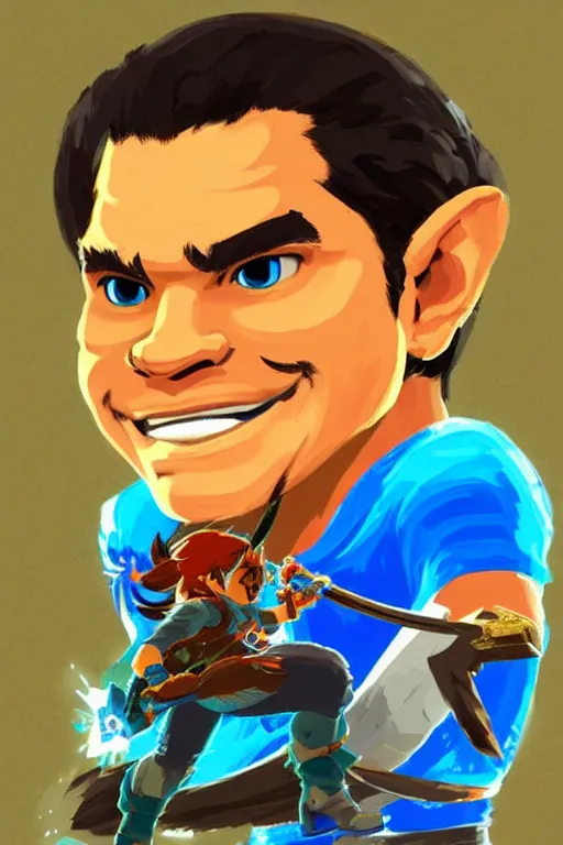 Prompt: an in game portrait of reggie fils aime from the legend of zelda breath of the wild, breath of the wild art style.