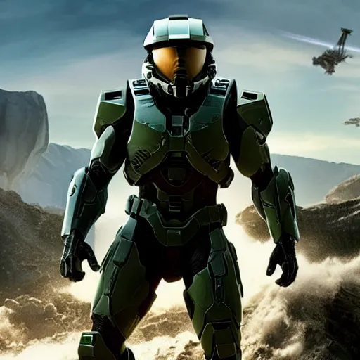 Image similar to film still of Joseph Gordon Levitt as master chief, holding helmet in new halo film, 4k