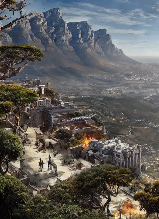 Image similar to chtulu attacking cape town city, table mountain, dense foliage beautiful details, strong composition by kim jung giu weta studio rutkowski, james gurney and greg rutkowski, and lucasfilm