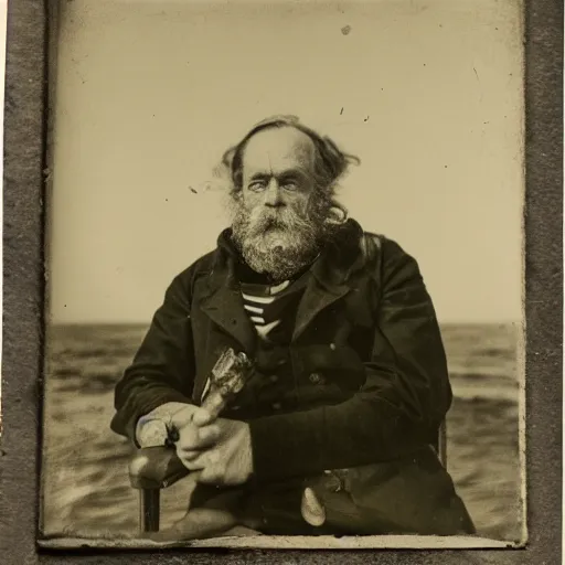 Prompt: portrait of an old sea captain smoking a pipe, daguerreotype, lighthouse in the background, piercing eyes