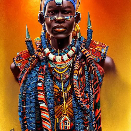 Image similar to a retro futuristic african tribal chief, art by drew struzan & joseph christian leyendecker, highly detailed, digital painting, concept art, smooth sharp focus, intricate,