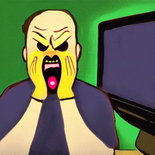 Prompt: an angry man yells at his computer monitor, in the style of the scream