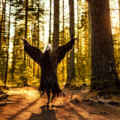 Image similar to creature consisting of a bald eagle and a human, golden hour, photograph captured in a forest