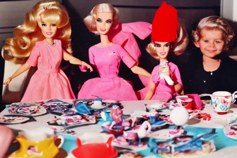 Prompt: Godzilla tea party with Barbie, plastic barbie doll, 1956 claymation godzilla