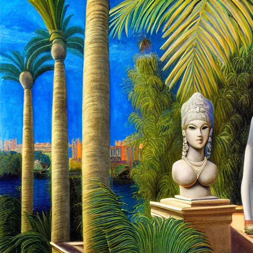 Image similar to a ultradetailed beautiful painting of the amazonas palace balustrade designed by edward robert hughes, tarsila do amaral, frank weston and gustave baumann, beach, trending on artstation, mediterranean, palm trees, detailed face, sharp focus, soft light, 8 k 4 k