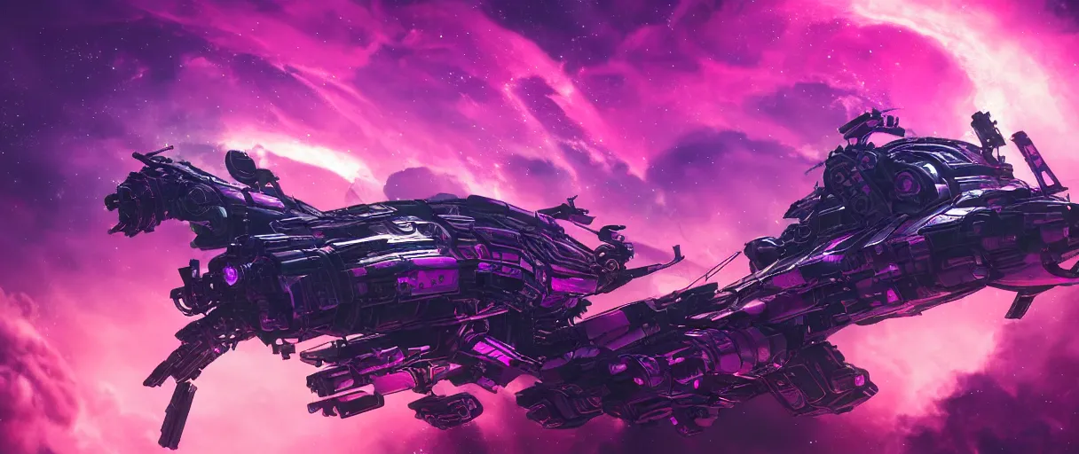 Prompt: space, a mechanical horse with a pink mohawk drives a pirate spaceship, punk, hyperdetailed illustration, stars, pink, neon, oil painting, rich deep colors masterpiece, pirate neon ship, ultra detailed, contrast, heaven pink, clouds, volumetric light, atmospheric lighting, dramatic, cinematic, moody, octane render 4 k, 8 k