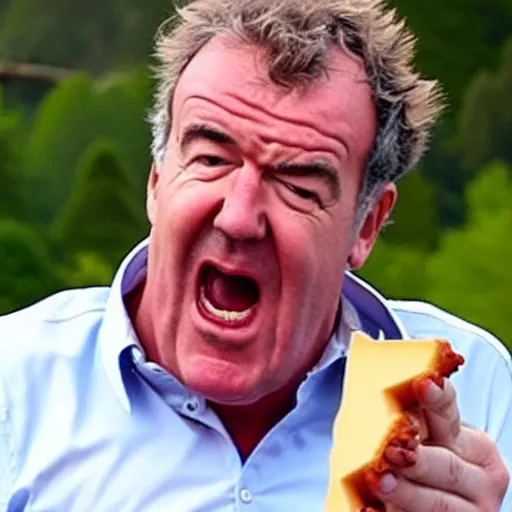 Image similar to jeremy clarkson screaming angry while trying to eat melted cheese