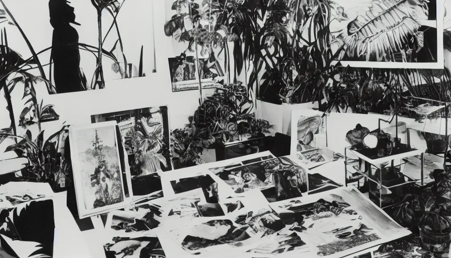 Image similar to A black and white photography of an exhibition space with objects of Sun Ra, Marcel Duchamp and tropical plants, 60s, offset lithography print, newspaper, distant shot