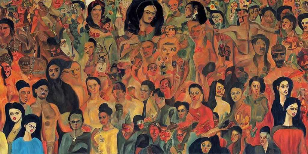 Image similar to The devil runs a group of people's lives in a big circle, Frida painting style.