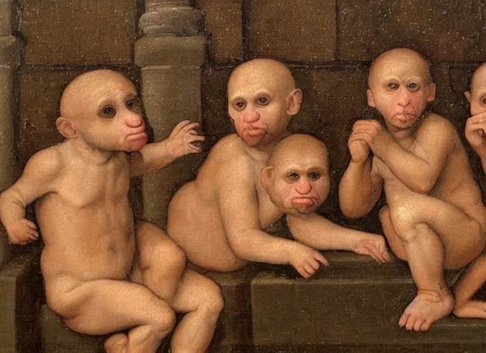 Image similar to detailed renaissance style painting of 3 monkeys enjoying the roman baths, soft edges, oil painting