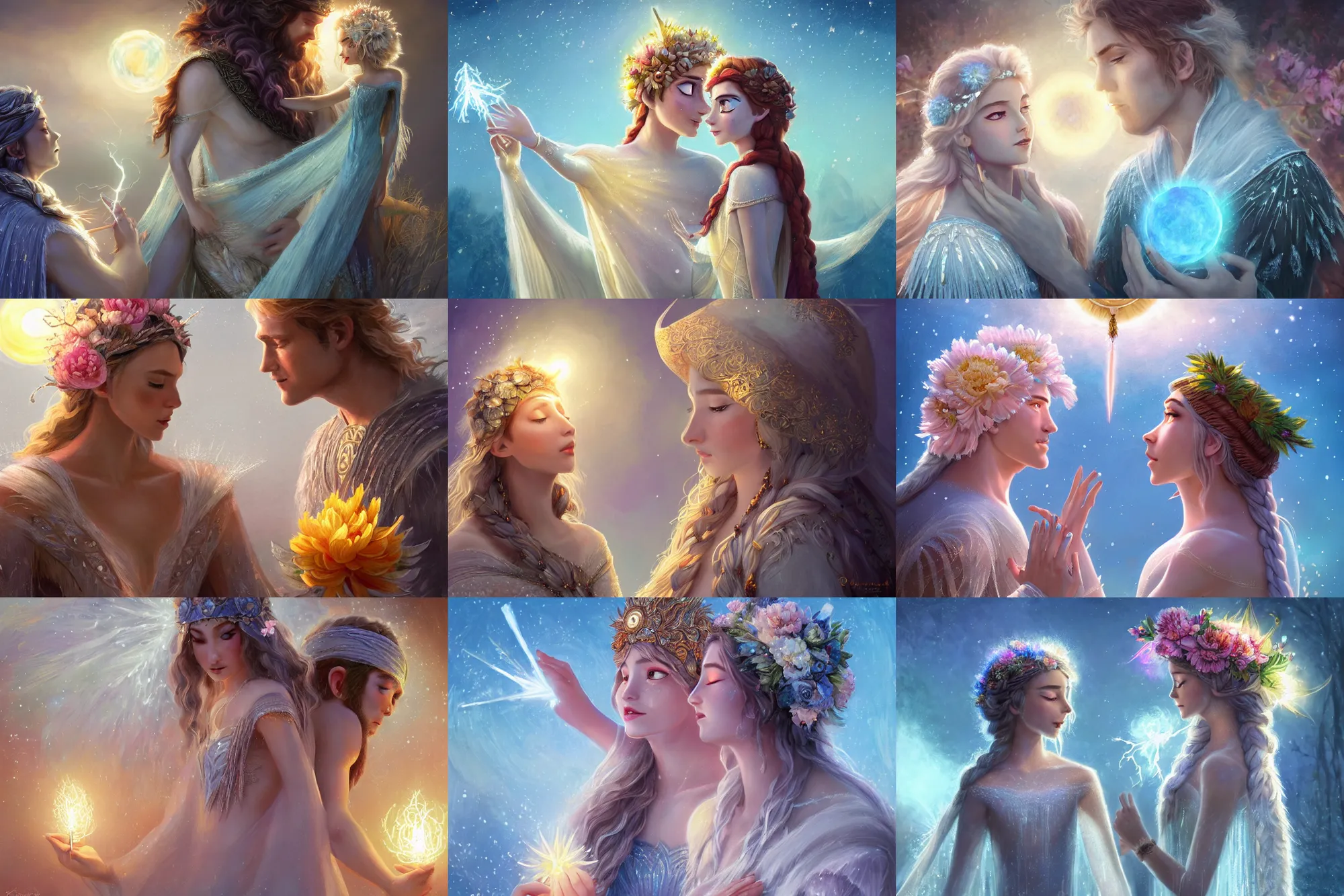 Prompt: a cinematic beautifully close up moment of a young sun god and moon goddess magician lovers saying goodbye wearing boho sunhat with peonies casting lightening spells, Frozen Klaus film, fantasy, intricate, elegant, highly detailed, digital painting, artstation, concept art, smooth, sharp focus, illustration, Frozen II art masterpiece by art by Krenz Cushart and Artem Demura and alphonse mucha, ArtGerm, Jon Lothian, Danilo Torres, Adi Meyers, Thomas Reimann, Gaston Bussiere