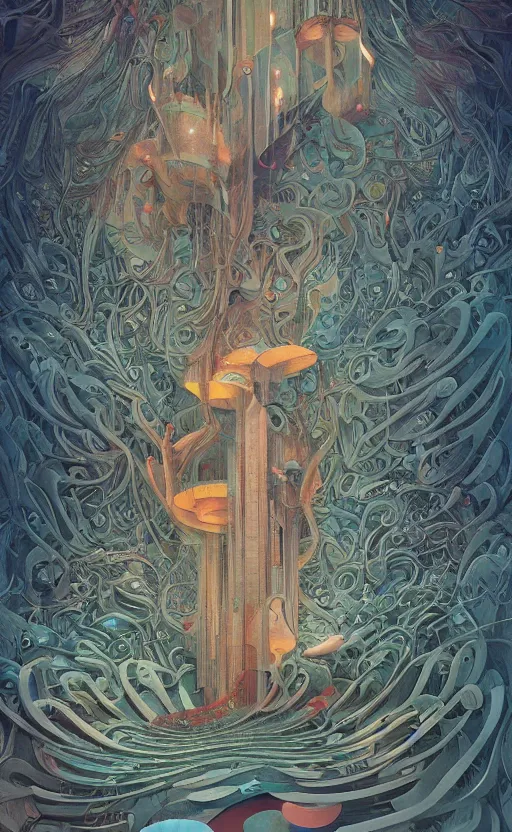 Prompt: surreal architecture. fluid made of wood, peter mohrbacher, fred tomaselli, victo ngai, roger dean