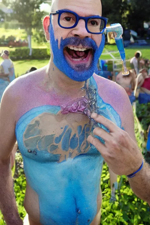 Image similar to David cross as Tobias fünke in blue body paint and cutoffs drinking glitter from a garden hose, highly detailed portrait